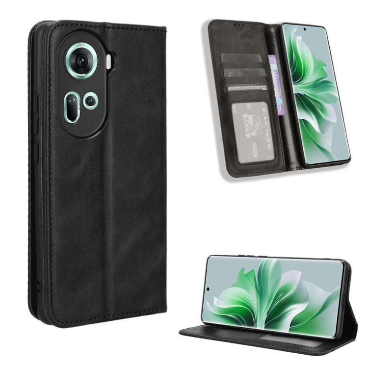 

For OPPO Reno11 5G Global Magnetic Buckle Retro Texture Leather Phone Case(Black)