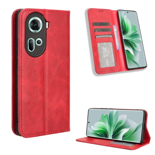 

For OPPO Reno11 5G Global Magnetic Buckle Retro Texture Leather Phone Case(Red)