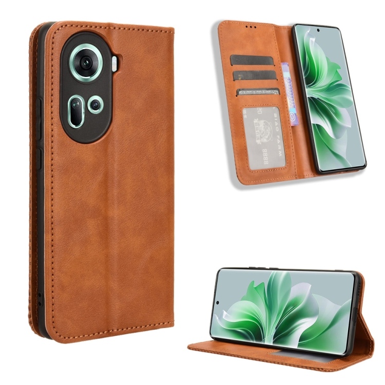 

For OPPO Reno11 5G Global Magnetic Buckle Retro Texture Leather Phone Case(Brown)