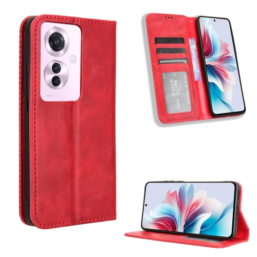 

For OPPO Reno11 PJH110 Magnetic Buckle Retro Texture Leather Phone Case(Red)