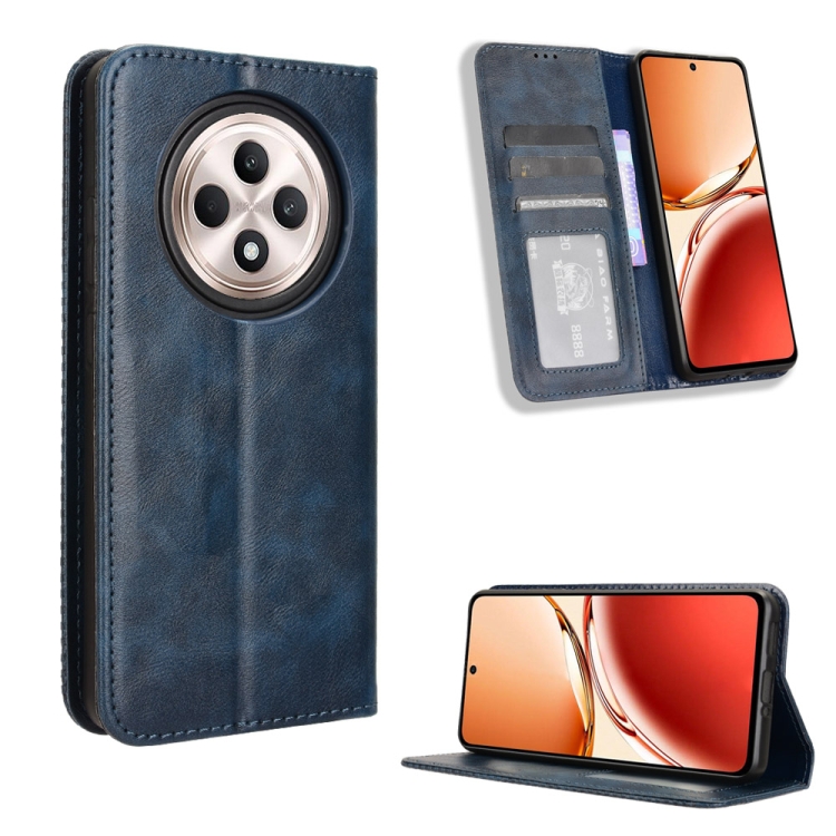 

For OPPO Reno12 F 5G Magnetic Buckle Retro Texture Leather Phone Case(Blue)