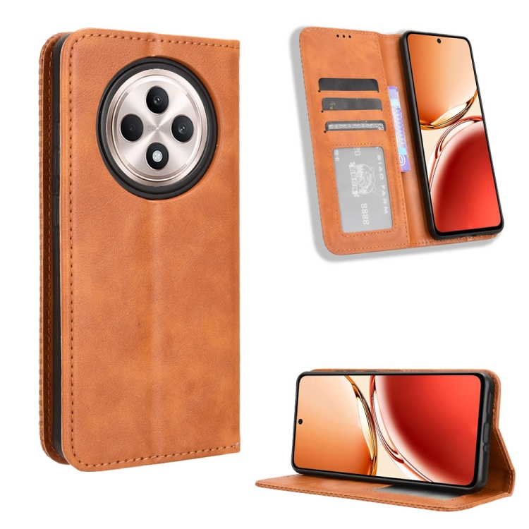 

For OPPO Reno12 F 5G Magnetic Buckle Retro Texture Leather Phone Case(Brown)