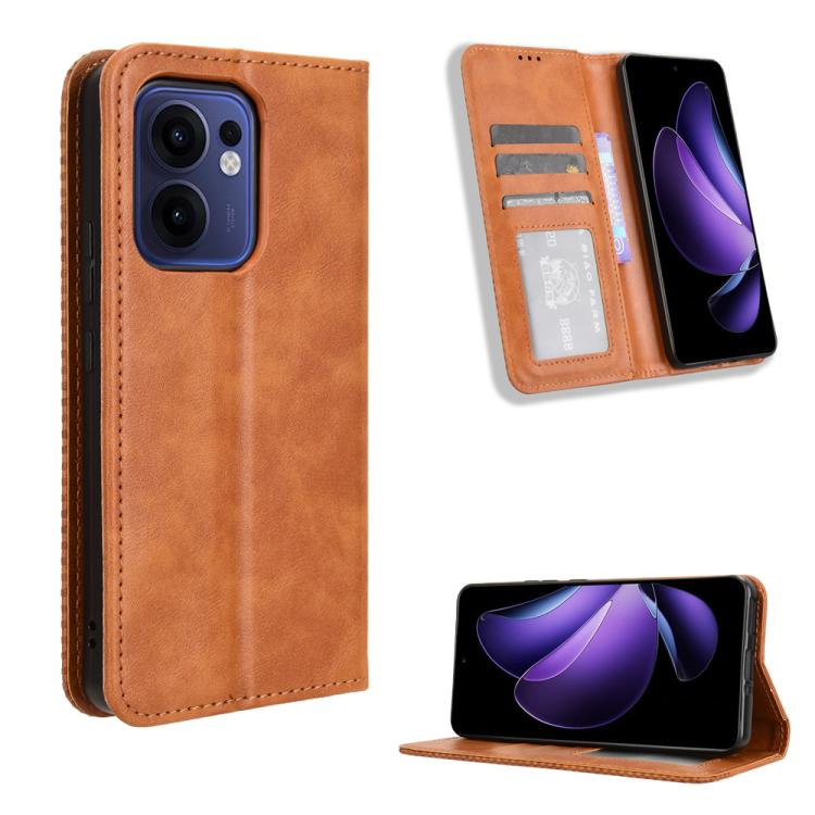 

For OPPO Reno13 F 4G / 5G Magnetic Buckle Retro Texture Leather Phone Case(Brown)