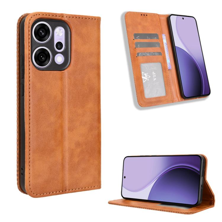 

For OPPO Reno14 5G Global Magnetic Buckle Retro Texture Leather Phone Case(Brown)