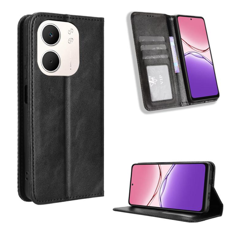 

For OPPO A5x 4G / 5G Global Magnetic Buckle Retro Texture Leather Phone Case(Black)