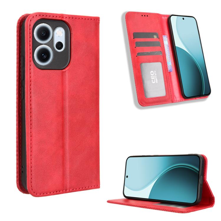 

For OPPO Reno14 F 5G Magnetic Buckle Retro Texture Leather Phone Case(Red)