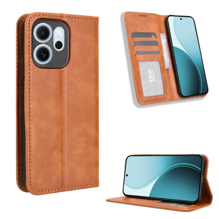 

For OPPO Reno14 F 5G Magnetic Buckle Retro Texture Leather Phone Case(Brown)