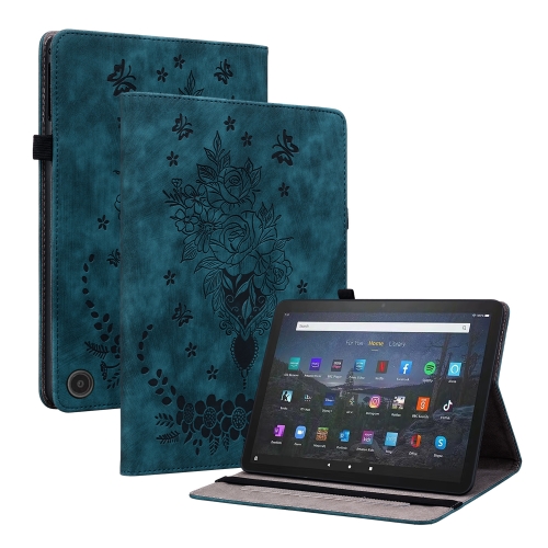 

For Amazon Fire Max 11 Butterfly Rose Embossed Leather Tablet Case(Dark Blue)