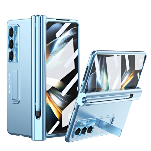 

For Samsung Galaxy Z Fold5 Electroplating Corrugated Hinge Folding Phone Case with Pen Slot(Blue)
