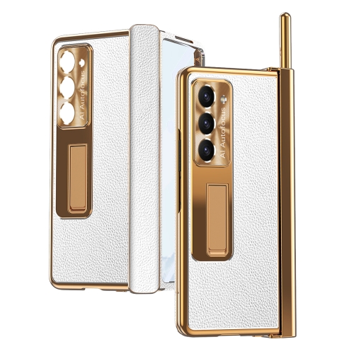 

For Samsung Galaxy Z Fold5 Litchi Pattern Magnetic Shell Film Integrated Shockproof Phone Case(Silver Gold)