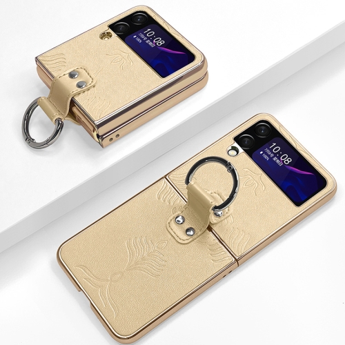 

For Samsung Galaxy Z Flip4 Electroplated Embossed Leather Phone Case with Ring(Gold)
