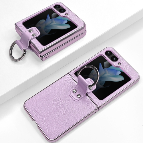 

For Samsung Galaxy Z Flip5 Electroplated Embossed Leather Phone Case with Ring(Purple)
