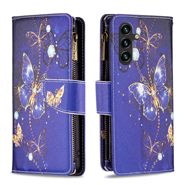

For Samsung Galaxy A15 Colored Drawing Pattern Zipper Leather Phone Case(Purple Butterfly)