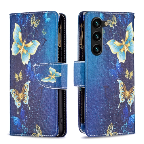 

For Samsung Galaxy S24+ 5G Colored Drawing Pattern Zipper Leather Phone Case(Gold Butterfly)