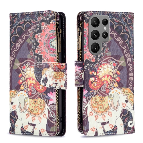 

For Samsung Galaxy S24 Ultra 5G Colored Drawing Pattern Zipper Leather Phone Case(Flower Elephant)