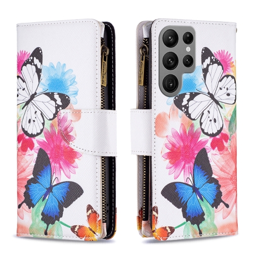 

For Samsung Galaxy S24 Ultra 5G Colored Drawing Pattern Zipper Leather Phone Case(Two Butterflies)