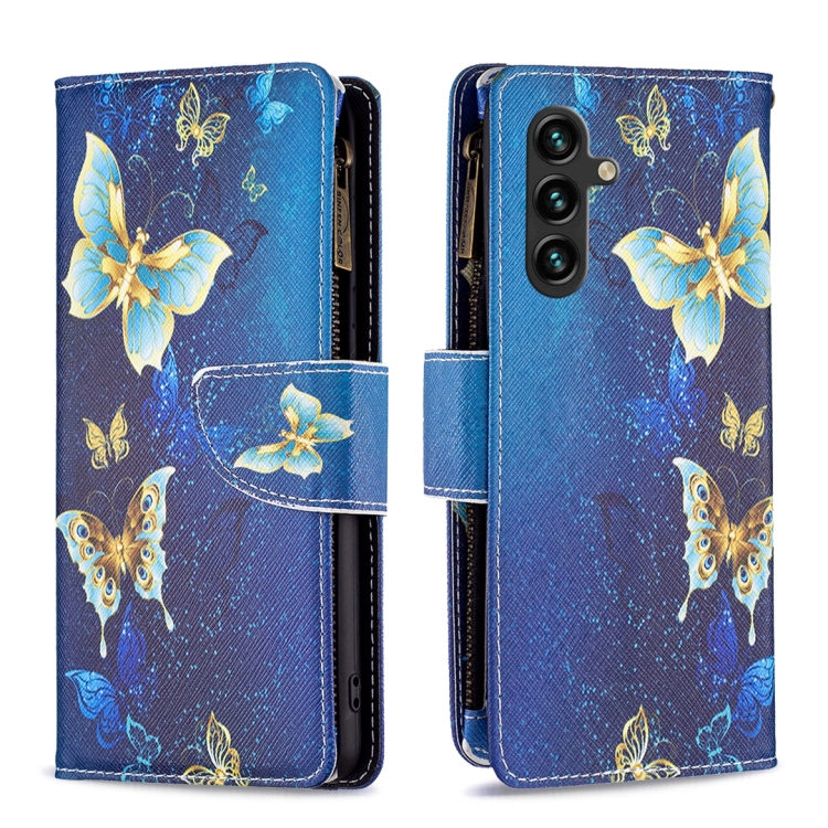 

For Samsung Galaxy A35 Colored Drawing Pattern Zipper Leather Phone Case(Gold Butterfly)