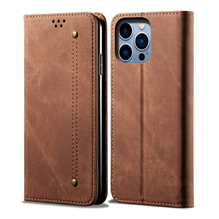 

For iPhone 15 Pro Max Denim Texture Casual Style Horizontal Flip Leather Case(Brown)