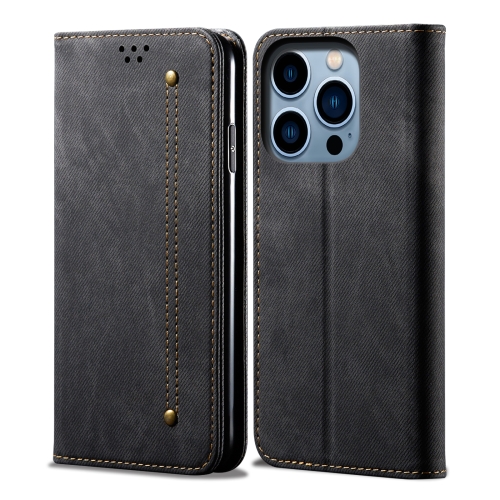 

For iPhone 15 Pro Denim Texture Casual Style Horizontal Flip Leather Case(Black)