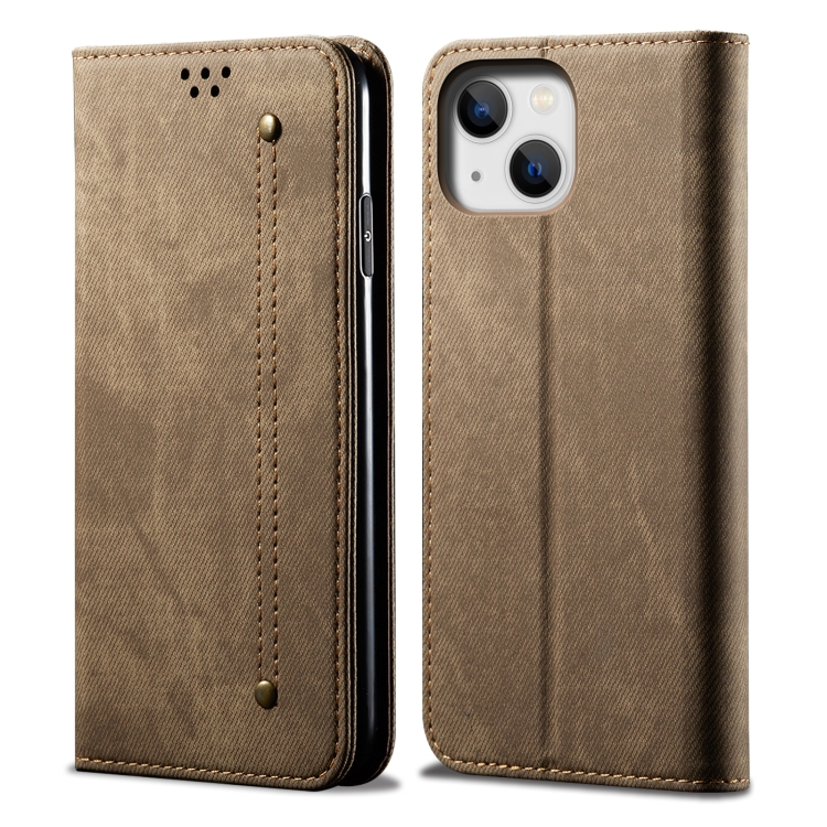 

For iPhone 15 Denim Texture Casual Style Horizontal Flip Leather Case(Khaki)