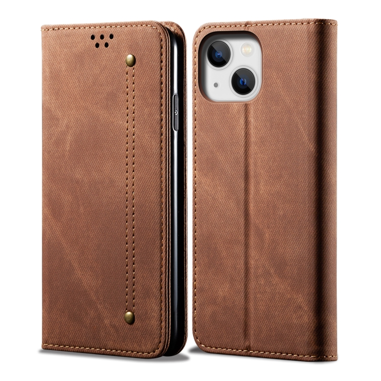 

For iPhone 15 Denim Texture Casual Style Horizontal Flip Leather Case(Brown)