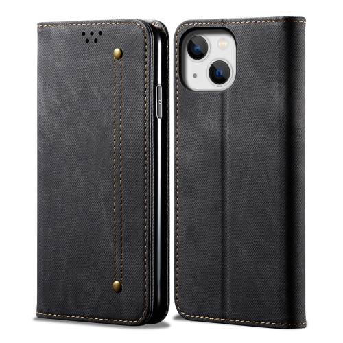 

For iPhone 15 Denim Texture Casual Style Horizontal Flip Leather Case(Black)