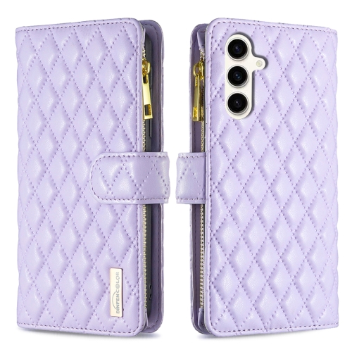 For Samsung Galaxy S23 FE 5G Diamond Lattice Zipper Wallet Leather Flip Phone Case(Purple) for samsung galaxy a14 4g love zipper lanyard leather phone case red