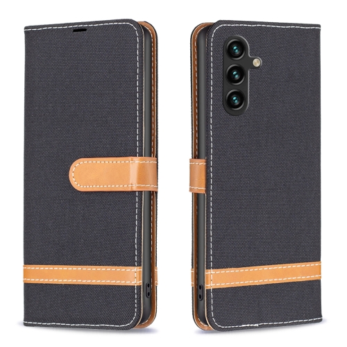 

For Samsung Galaxy A15 Color Block Denim Texture Leather Phone Case(Black)