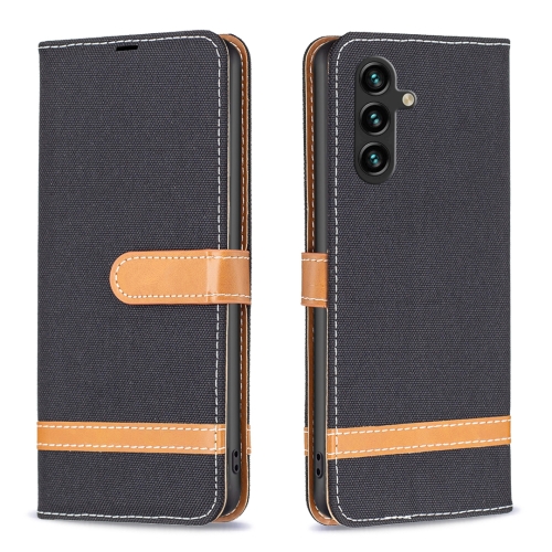 

For Samsung Galaxy A35 Color Block Denim Texture Leather Phone Case(Black)