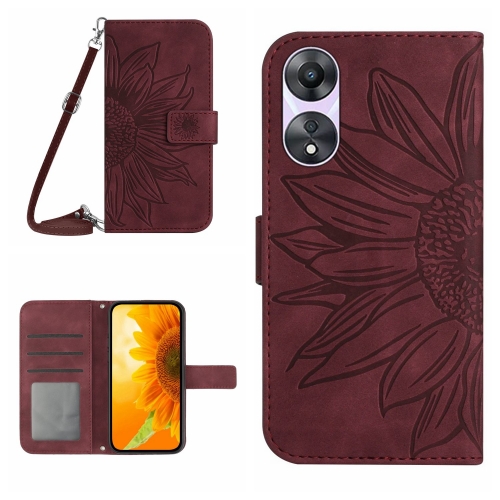 

For OPPO A78 4G Skin Feel Sun Flower Embossed Flip Leather Phone Case with Lanyard(Wine Red)