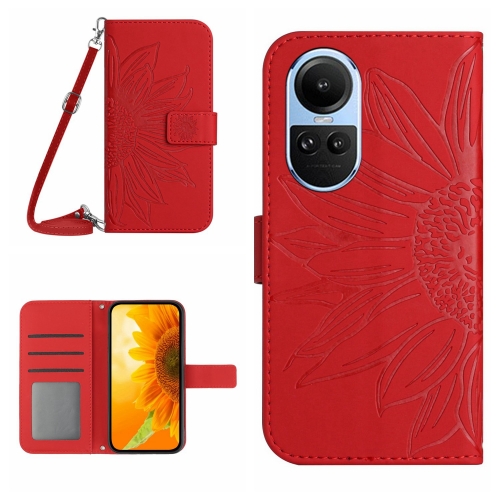 

For OPPO Reno10 Global / Reno10 Pro Global Skin Feel Sun Flower Embossed Flip Leather Phone Case with Lanyard(Red)