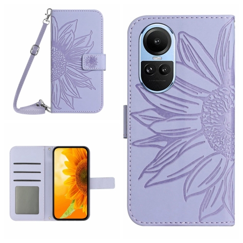 

For OPPO Reno10 Global / Reno10 Pro Global Skin Feel Sun Flower Embossed Flip Leather Phone Case with Lanyard(Purple)