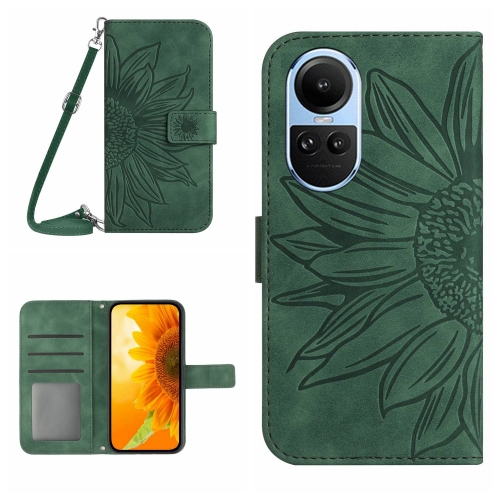 

For OPPO Reno10 Global / Reno10 Pro Global Skin Feel Sun Flower Embossed Flip Leather Phone Case with Lanyard(Green)