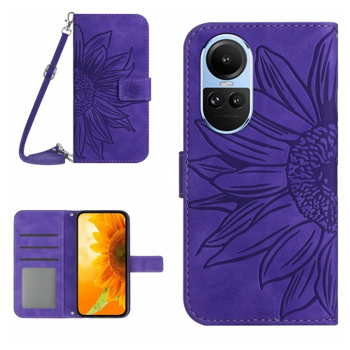 

For OPPO Reno10 Global / Reno10 Pro Global Skin Feel Sun Flower Embossed Flip Leather Phone Case with Lanyard(Dark Purple)