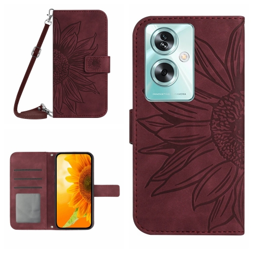 

For OPPO A59 5G Skin Feel Sun Flower Embossed Flip Leather Phone Case with Lanyard(Wine Red)