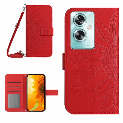 

For OPPO Reno11 F 5G/F25 Pro 5G Skin Feel Sun Flower Embossed Flip Leather Phone Case with Lanyard(Red)