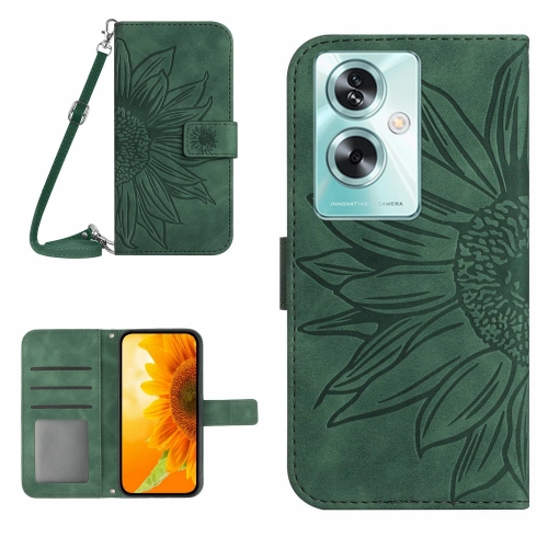 

For OPPO Reno11 F 5G/F25 Pro 5G Skin Feel Sun Flower Embossed Flip Leather Phone Case with Lanyard(Green)