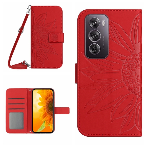 

For OPPO Reno12 Pro 5G Global Skin Feel Sun Flower Embossed Flip Leather Phone Case with Lanyard(Red)