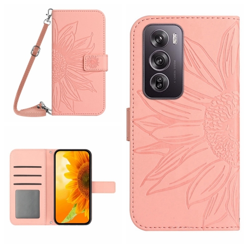 

For OPPO Reno12 Pro 5G Global Skin Feel Sun Flower Embossed Flip Leather Phone Case with Lanyard(Pink)