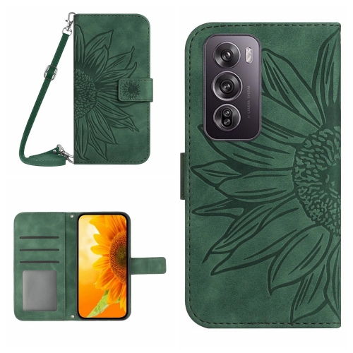 

For OPPO Reno12 5G Global Skin Feel Sun Flower Embossed Flip Leather Phone Case with Lanyard(Green)