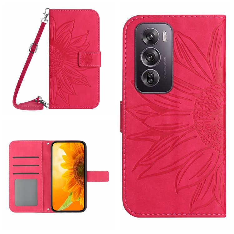 

For OPPO Reno12 5G Global Skin Feel Sun Flower Embossed Flip Leather Phone Case with Lanyard(Rose Red)