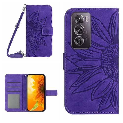 

For OPPO Reno12 5G Global Skin Feel Sun Flower Embossed Flip Leather Phone Case with Lanyard(Dark Purple)