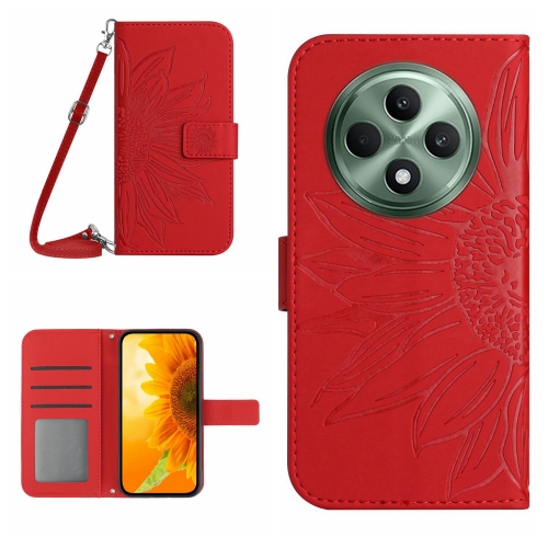 

For OPPO Reno12 F 5G Global Skin Feel Sun Flower Embossed Flip Leather Phone Case with Lanyard(Red)