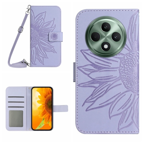 

For OPPO Reno12 F 5G Global Skin Feel Sun Flower Embossed Flip Leather Phone Case with Lanyard(Purple)