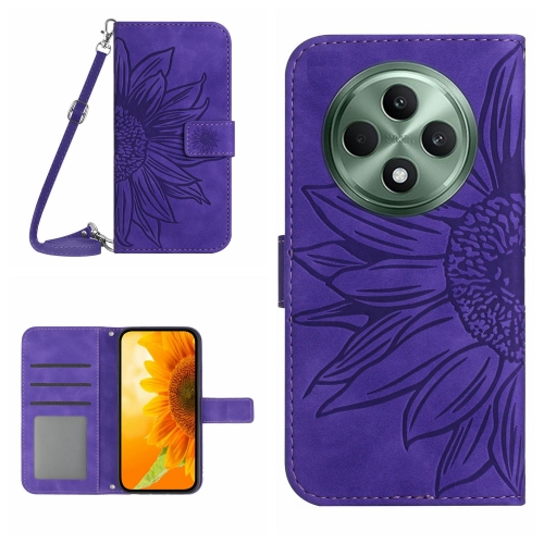 

For OPPO Reno12 F 5G Global Skin Feel Sun Flower Embossed Flip Leather Phone Case with Lanyard(Dark Purple)