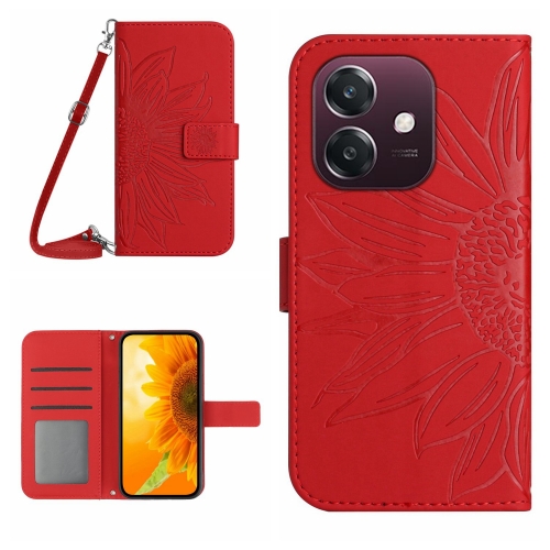 

For OPPO A3 4G Global / 5G Global Skin Feel Sun Flower Embossed Flip Leather Phone Case with Lanyard(Red)