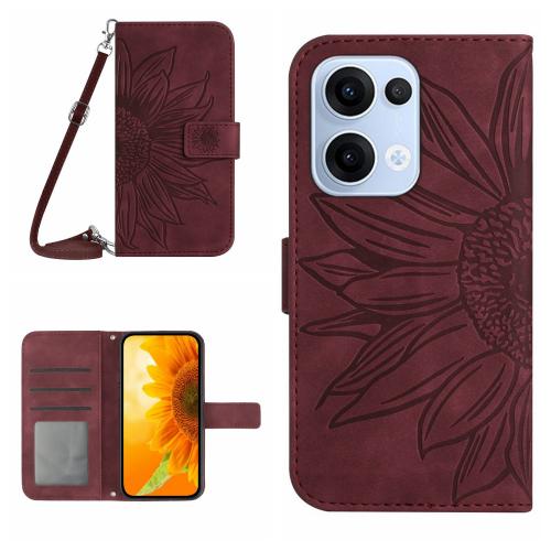 

For OPPO Reno13 Global Skin Feel Sun Flower Embossed Flip Leather Phone Case with Lanyard(Wine Red)