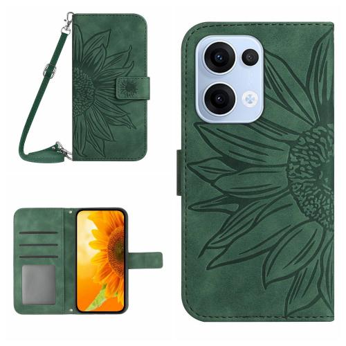 

For OPPO Reno13 Global Skin Feel Sun Flower Embossed Flip Leather Phone Case with Lanyard(Green)