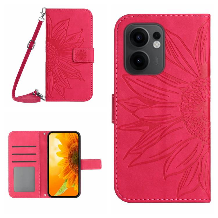 

For OPPO Reno13 F 4G / 5G Skin Feel Sun Flower Embossed Flip Leather Phone Case with Lanyard(Rose Red)