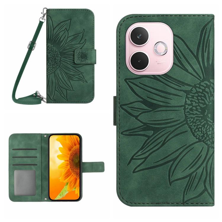 

For OPPO A5 Pro 5G Global Skin Feel Sun Flower Embossed Flip Leather Phone Case with Lanyard(Green)